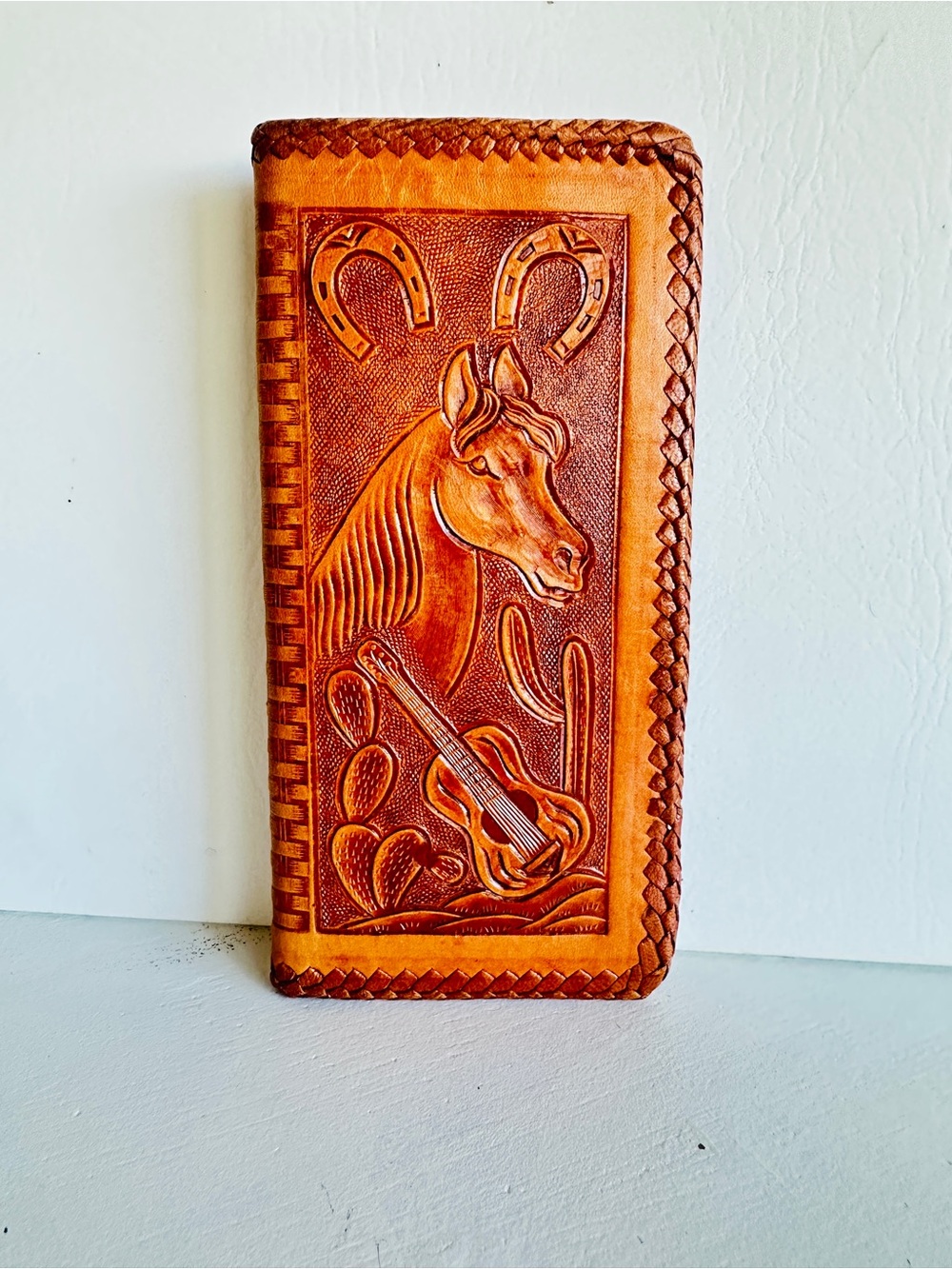 Hand-Tooled Leather Horse & Horseshoe Long Wallet - Tan Made in Mexico